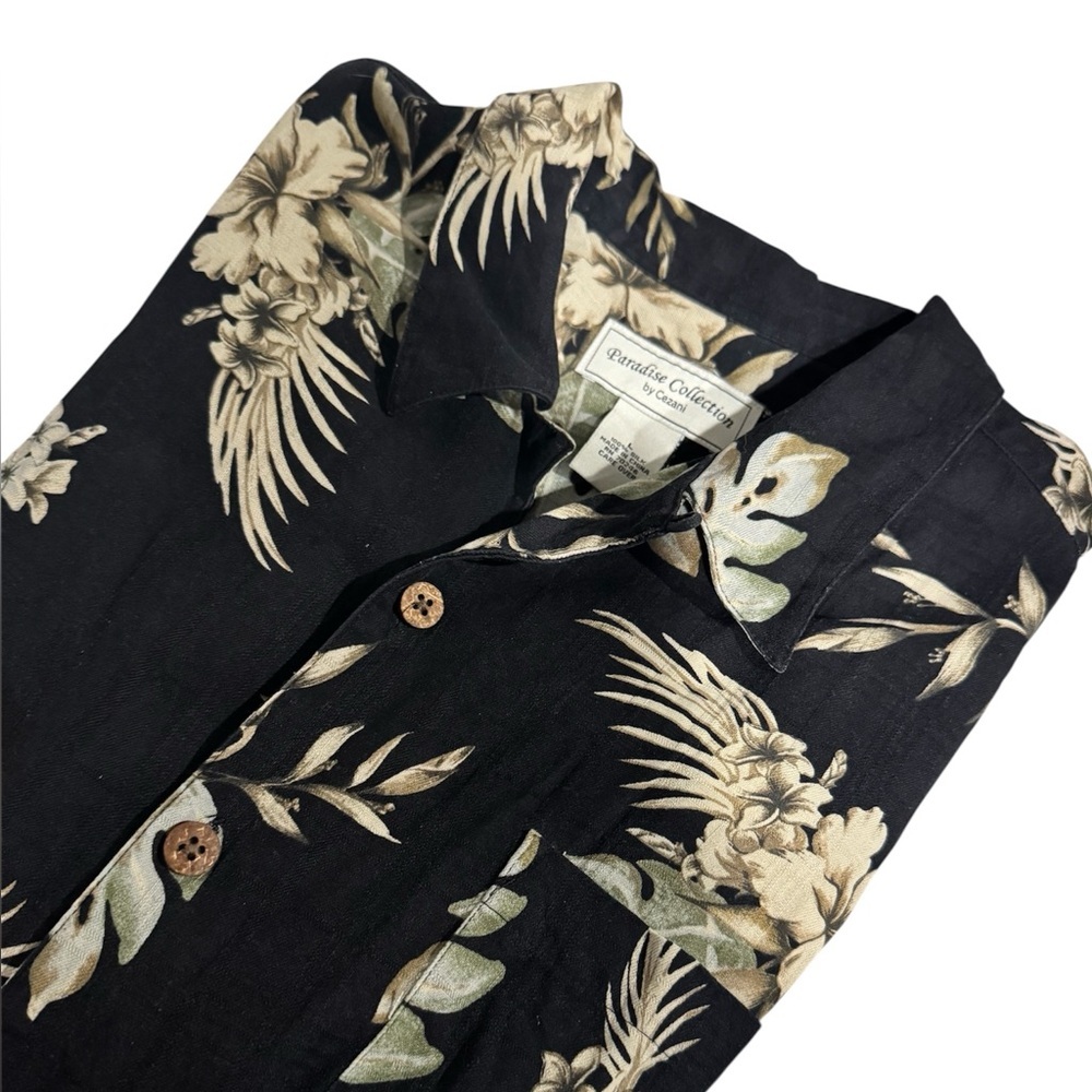 Cezani Paradise Collection Hawaiian shirt Black Floral 100% Silk Size Large